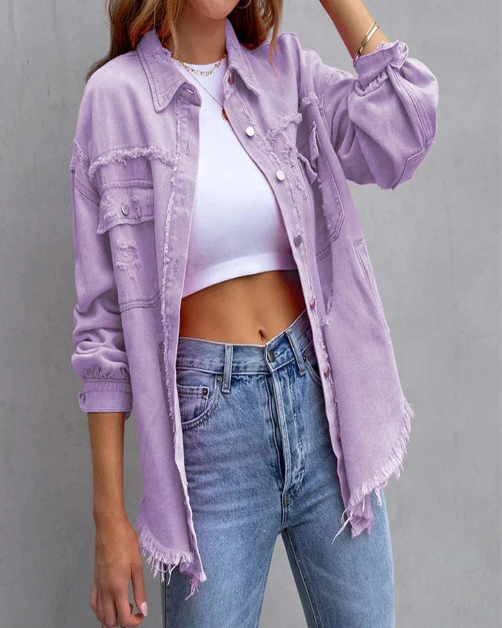 Denim Jacket - Tattered Texture & Soft Blend Comfort