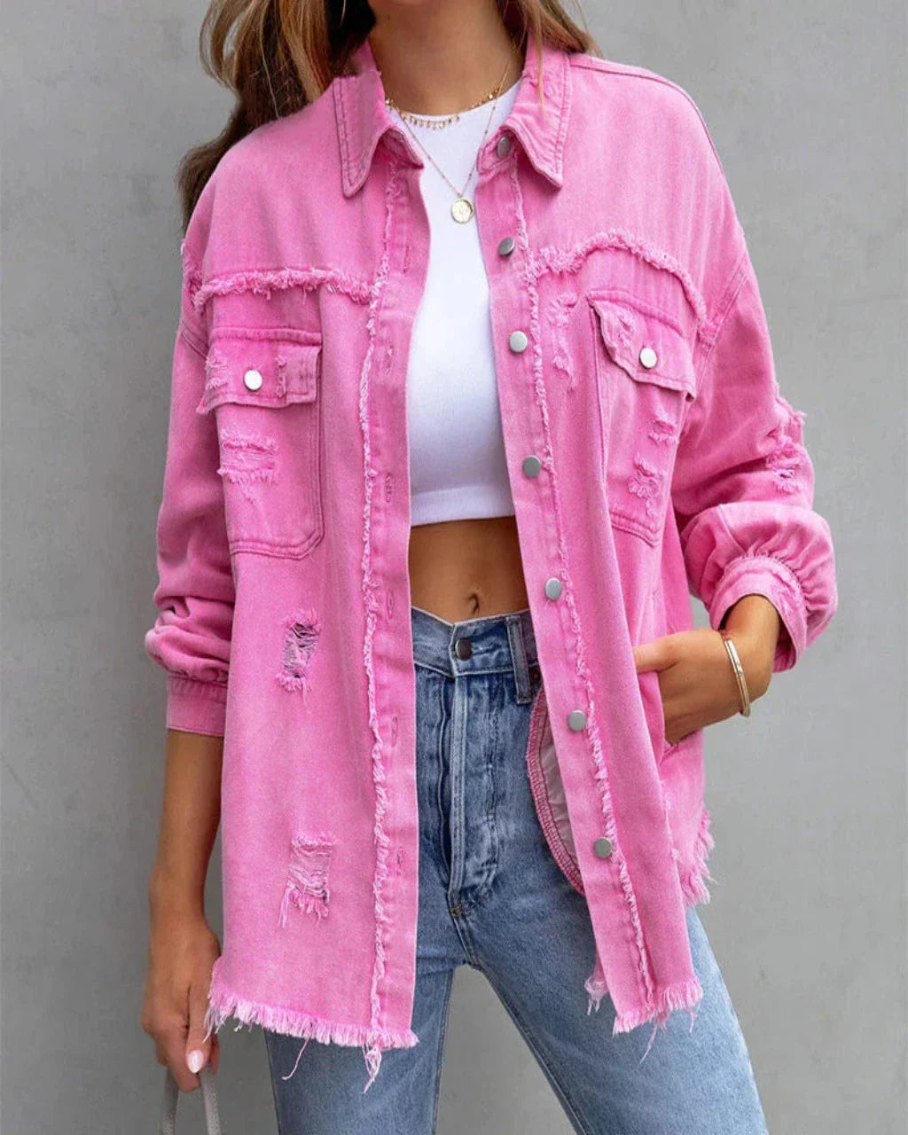 Denim Jacket - Tattered Texture & Soft Blend Comfort