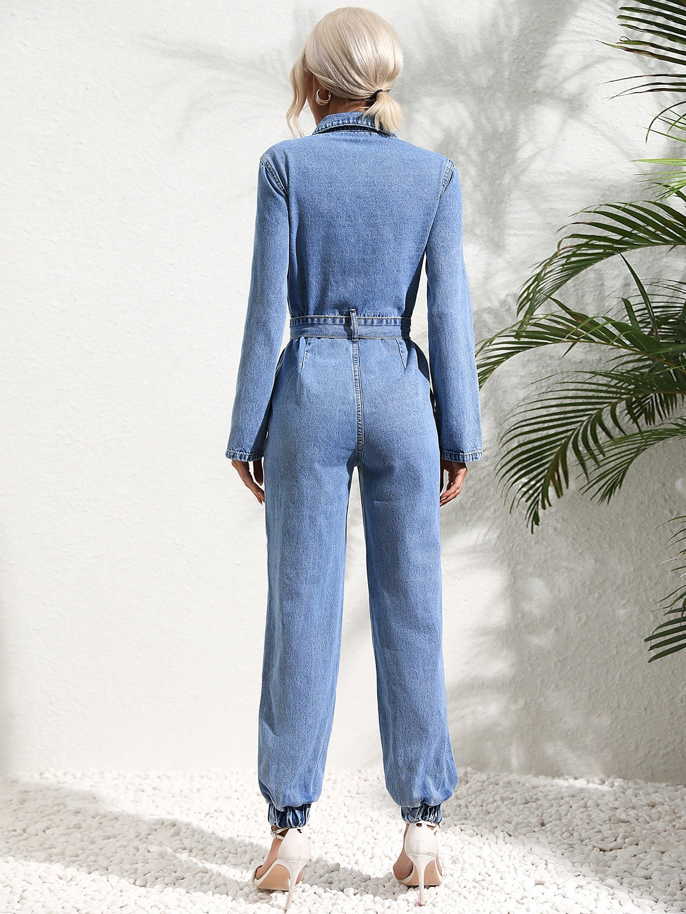 Denim Jumpsuit – Button Front & Belted Shaped Waist