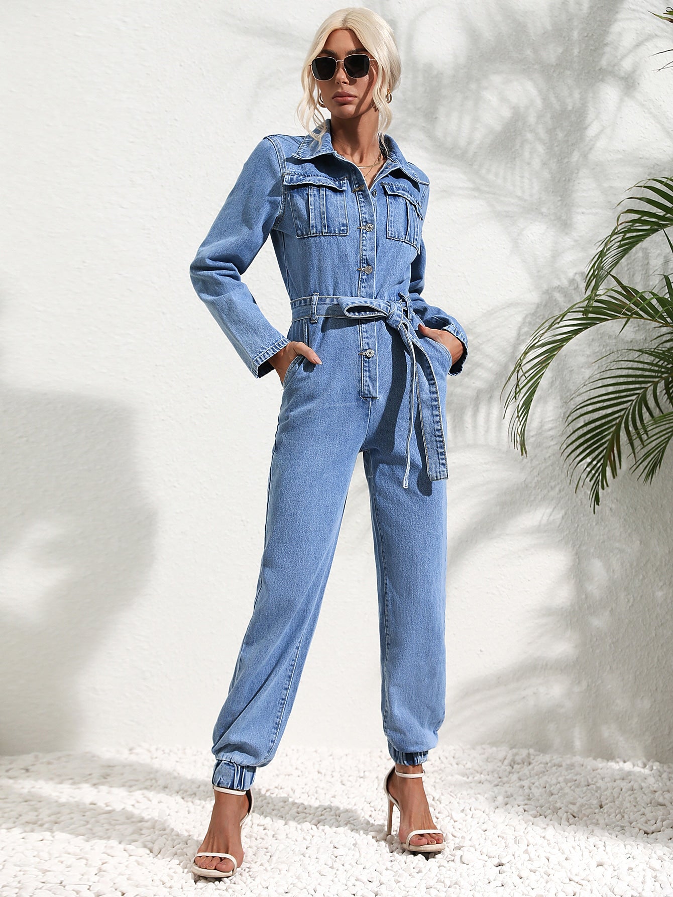 Denim Jumpsuit – Button Front & Belted Shaped Waist