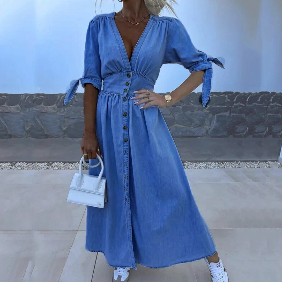 Dress - Denim Blend Button Front Tie Sleeve & Cinched Waist