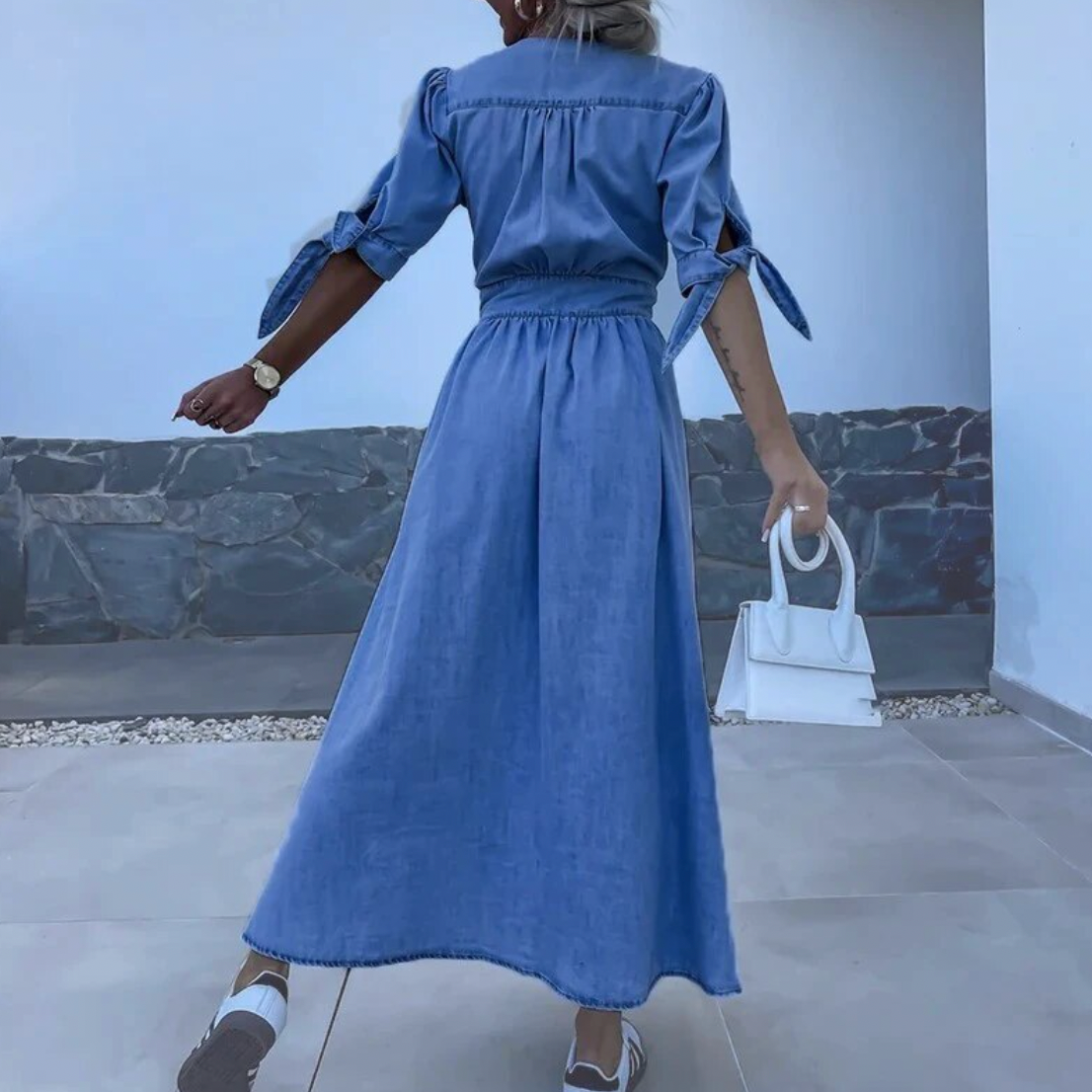 Dress - Denim Blend Button Front Tie Sleeve & Cinched Waist