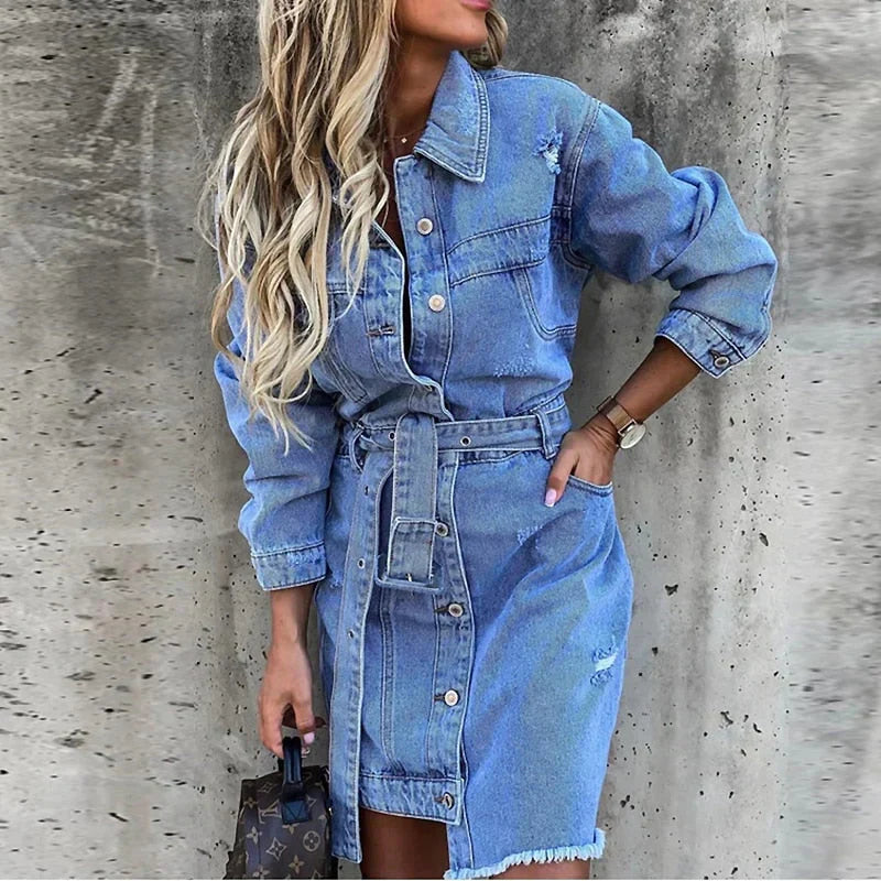 Dress - Denim Blend Long Sleeves & Structured Shape