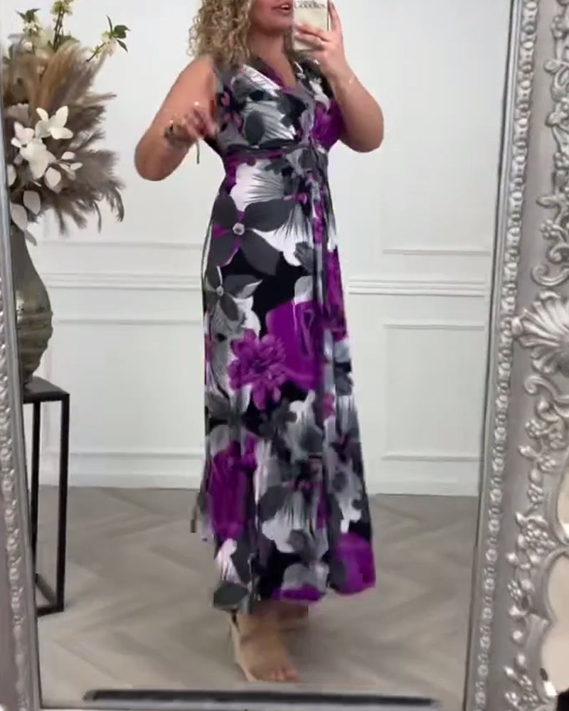 Dress - Floral Print Maxi Length Skirt & Free Arm Movement