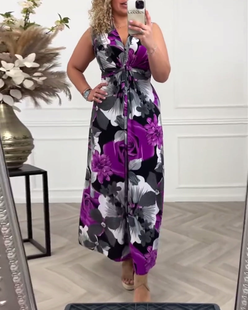 Dress - Floral Print Maxi Length Skirt & Free Arm Movement