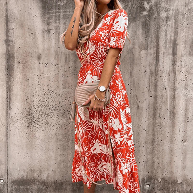Dress- Lightweight Blend V Neck Puff Sleeves & Elastic Waist