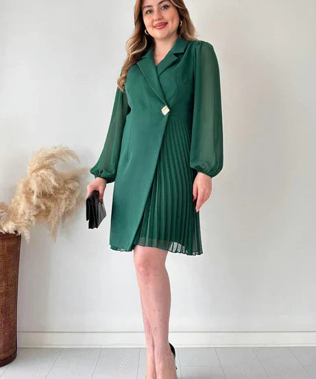 Dress - Pleated Skirt, Chiffon Sleeves & Structured Fit