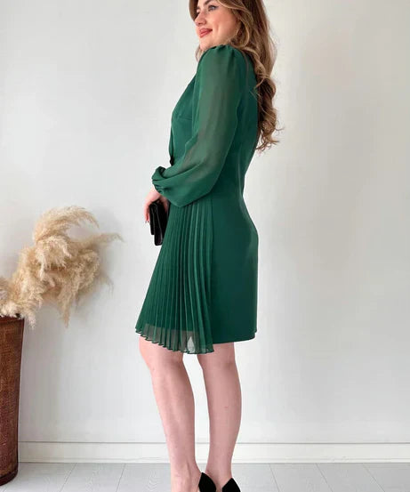 Dress - Pleated Skirt, Chiffon Sleeves & Structured Fit