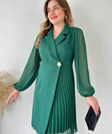 Dress - Pleated Skirt, Chiffon Sleeves & Structured Fit