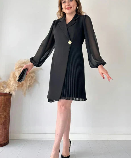 Dress - Pleated Skirt, Chiffon Sleeves & Structured Fit