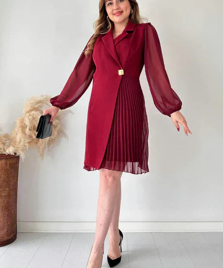 Dress - Pleated Skirt, Chiffon Sleeves & Structured Fit