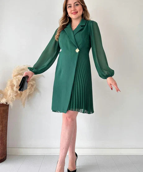 Dress - Pleated Skirt, Chiffon Sleeves & Structured Fit