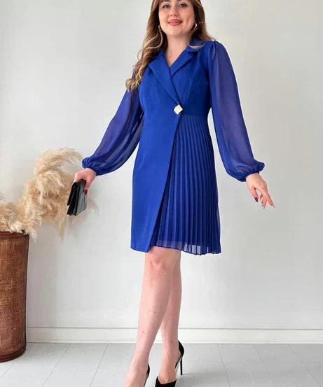 Dress - Pleated Skirt, Chiffon Sleeves & Structured Fit