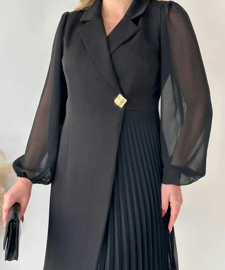 Dress - Pleated Skirt, Chiffon Sleeves & Structured Fit