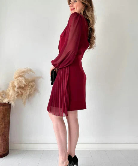 Dress - Pleated Skirt, Chiffon Sleeves & Structured Fit