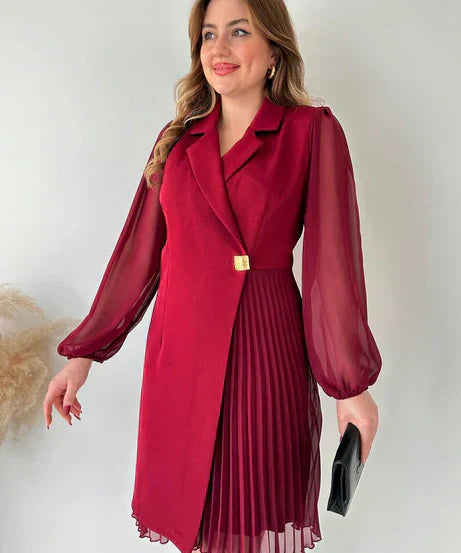 Dress - Pleated Skirt, Chiffon Sleeves & Structured Fit