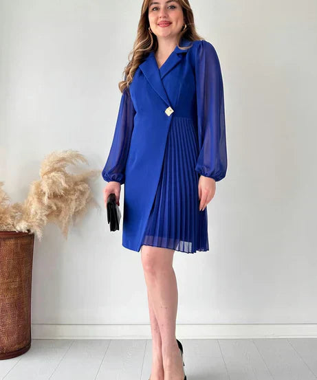 Dress - Pleated Skirt, Chiffon Sleeves & Structured Fit