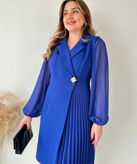 Dress - Pleated Skirt, Chiffon Sleeves & Structured Fit