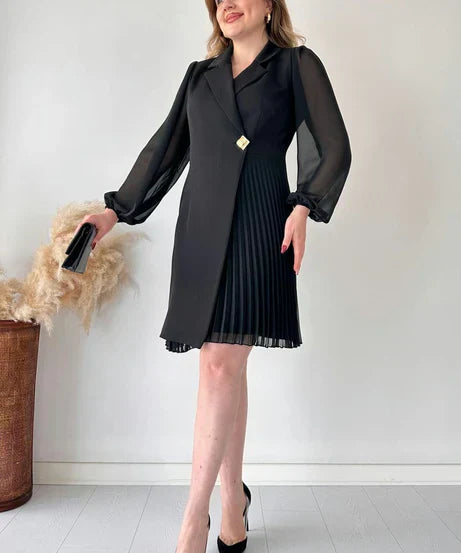 Dress - Pleated Skirt, Chiffon Sleeves & Structured Fit