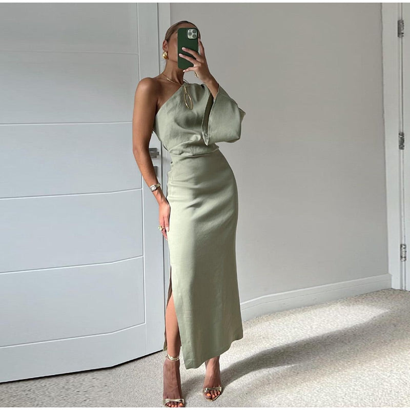Dress Polyester Blend – Single Shoulder Long Sleeve Draping