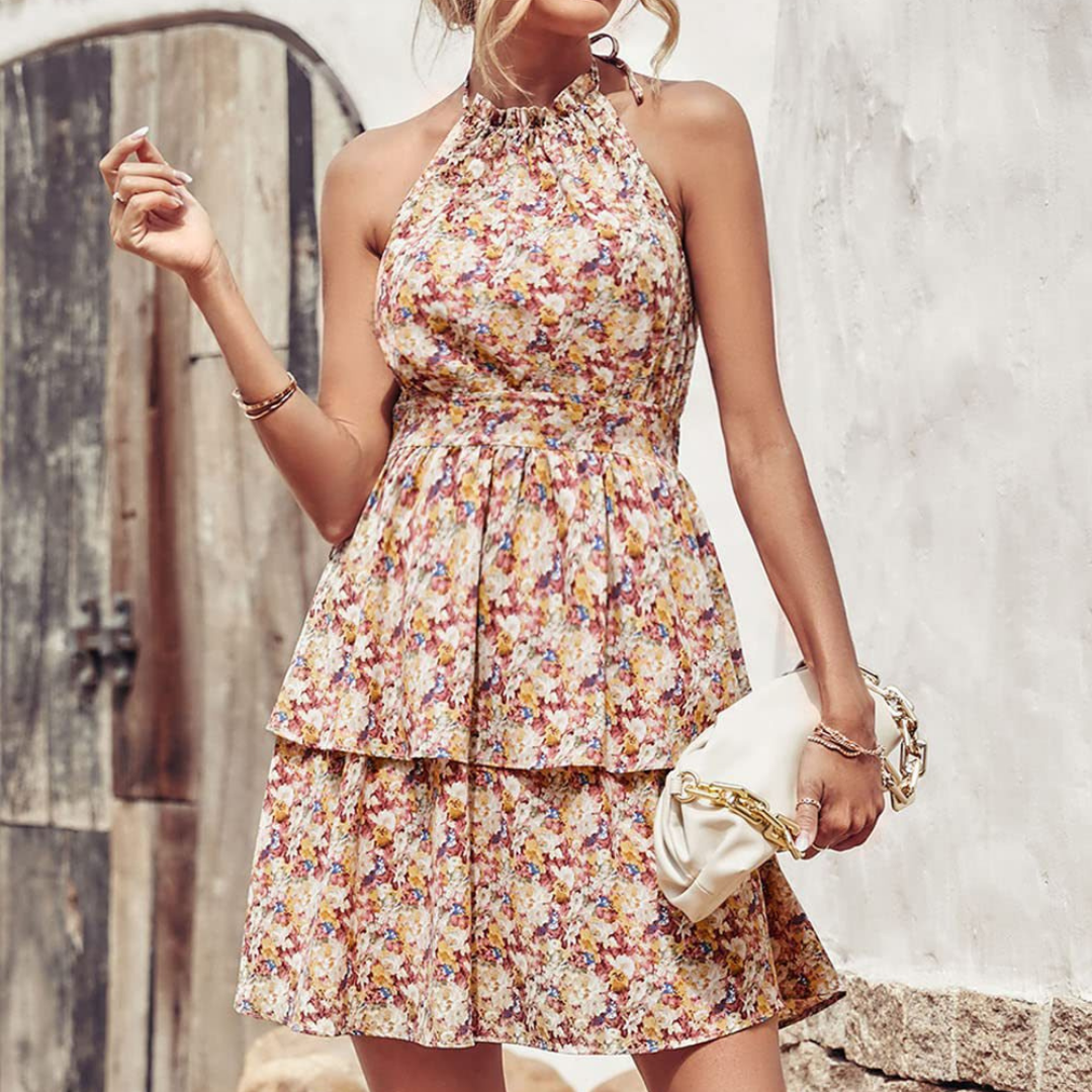 Dress - Polyester Blend Sleeveless High Neck & Tiered Hem