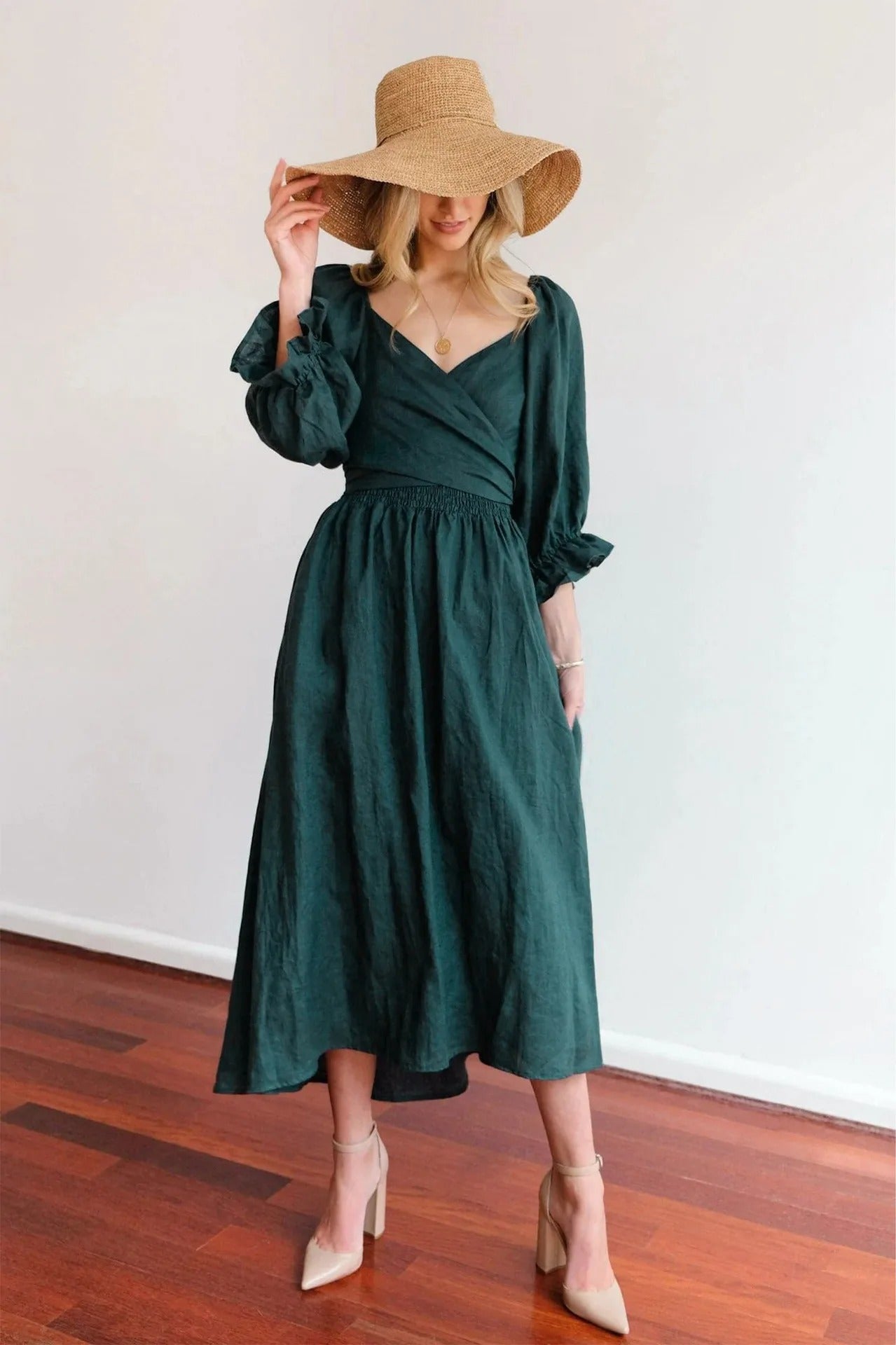 Dress - Smocked Bodice And Flowy Midi Skirt With Stretch