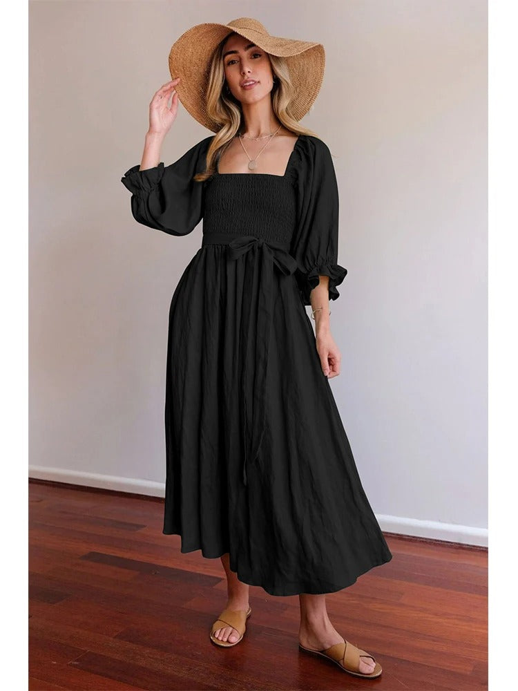 Dress - Smocked Bodice And Flowy Midi Skirt With Stretch