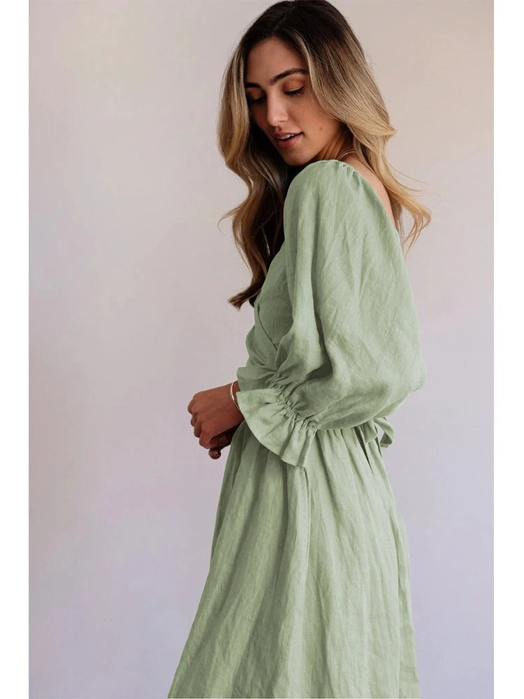 Dress - Smocked Bodice And Flowy Midi Skirt With Stretch