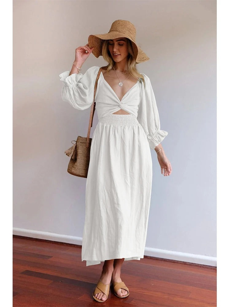 Dress - Smocked Bodice And Flowy Midi Skirt With Stretch