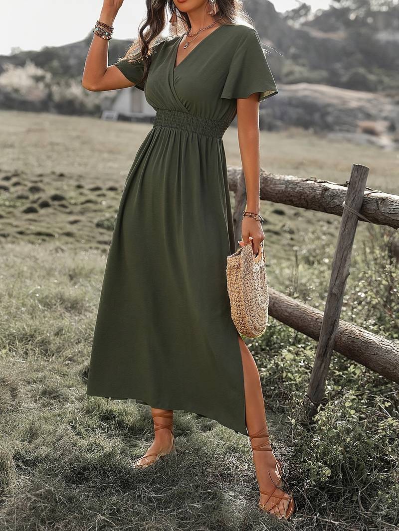 Dress - V Neck Collar And Elastic Waist With Side Slit