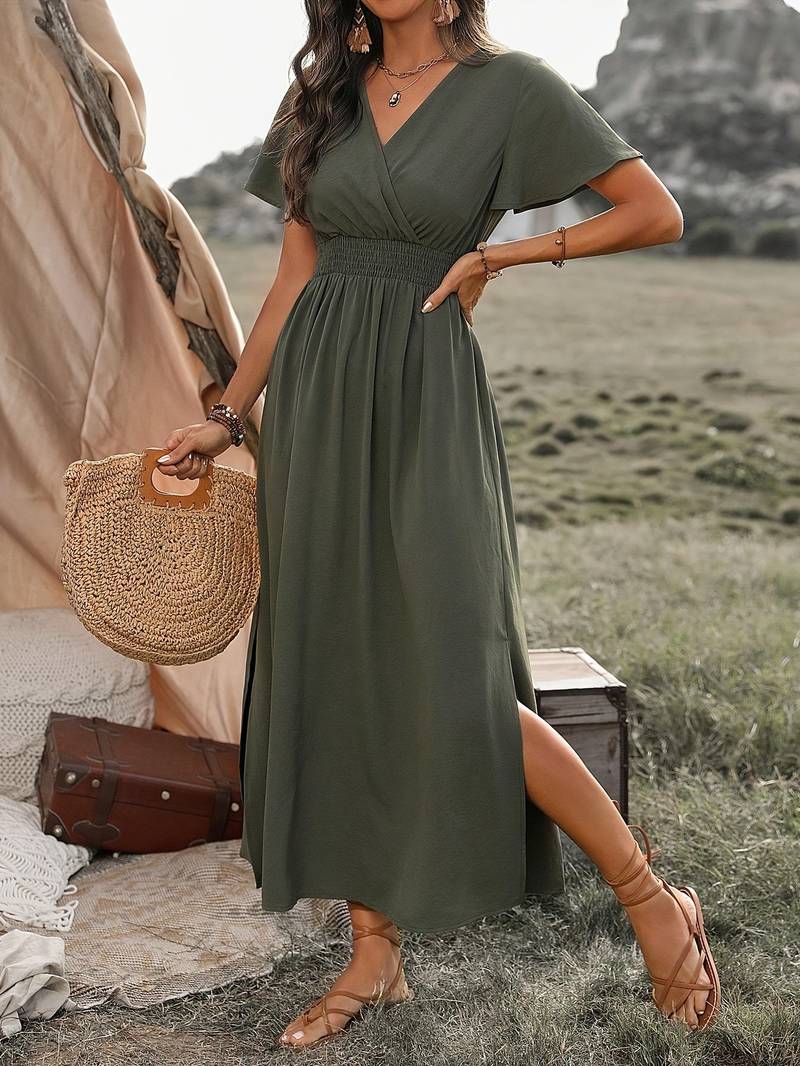 Dress - V Neck Collar And Elastic Waist With Side Slit
