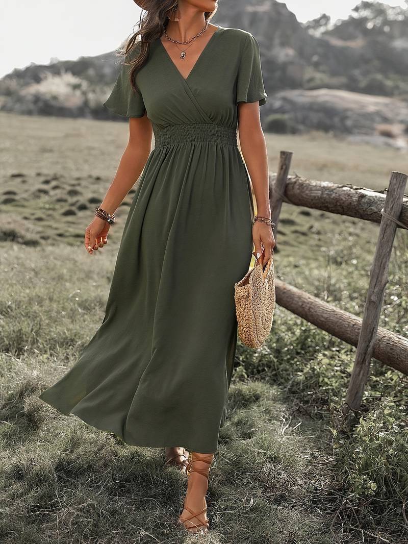 Dress - V Neck Collar And Elastic Waist With Side Slit