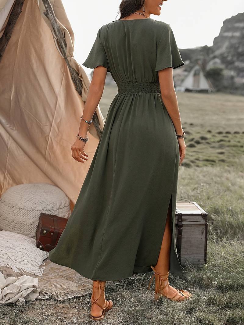 Dress - V Neck Collar And Elastic Waist With Side Slit
