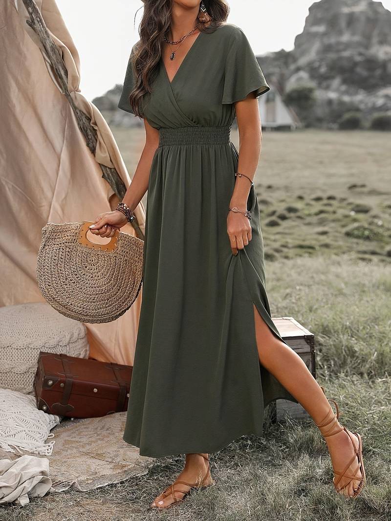 Dress - V Neck Collar And Elastic Waist With Side Slit