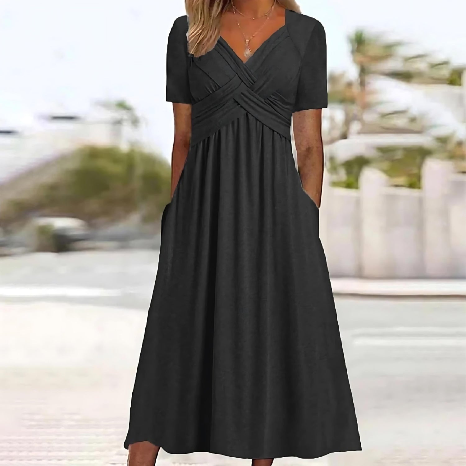 Dress - V Neck Maxi With Short Sleeves & Easy Movement