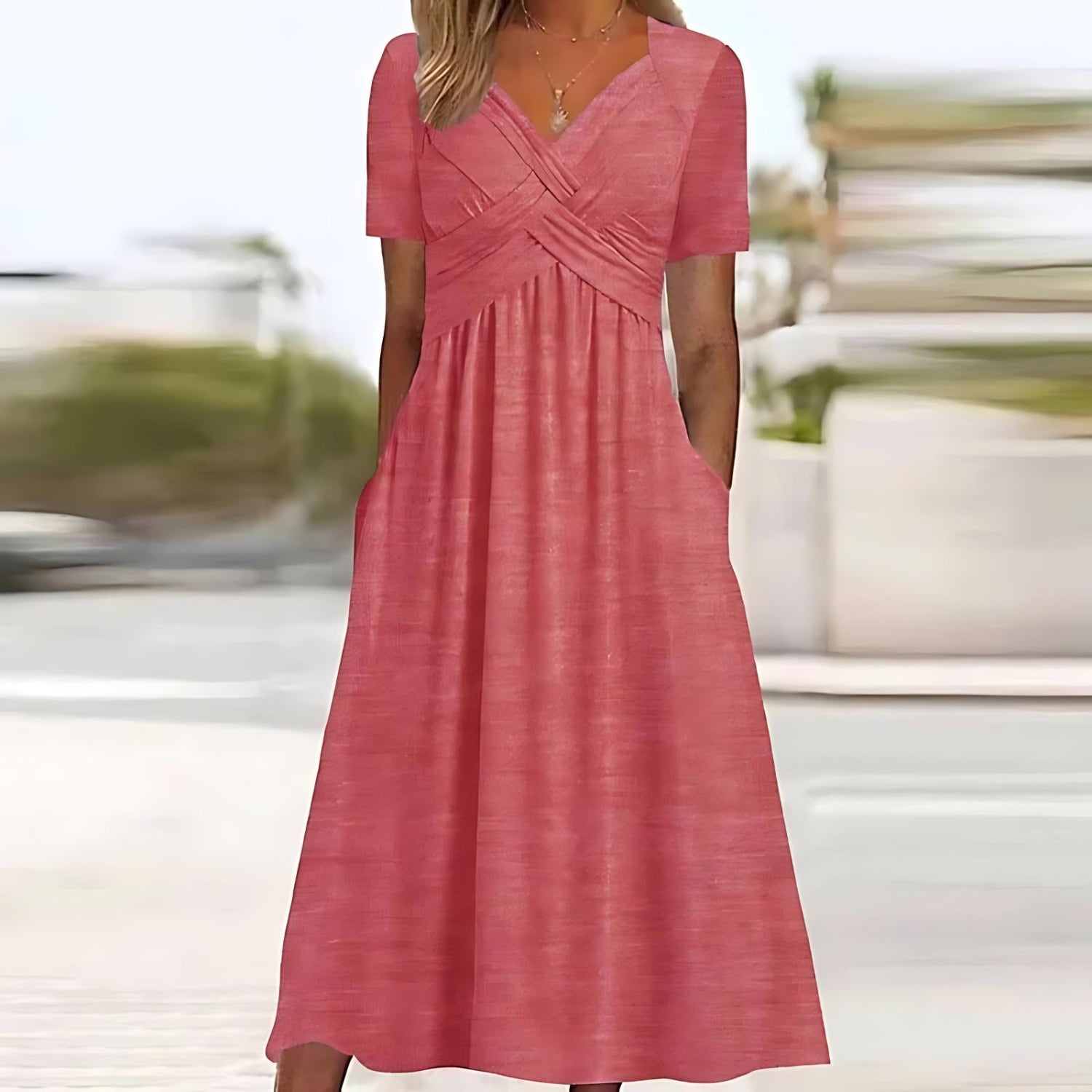 Dress - V Neck Maxi With Short Sleeves & Easy Movement