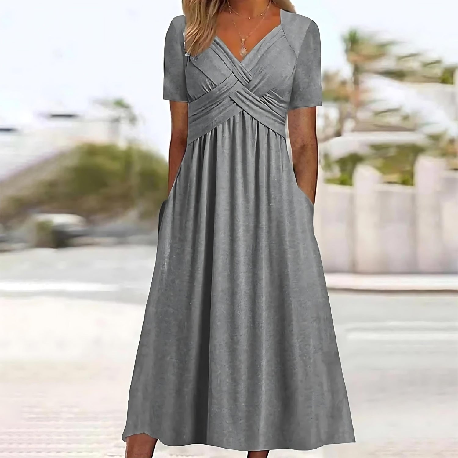 Dress - V Neck Maxi With Short Sleeves & Easy Movement