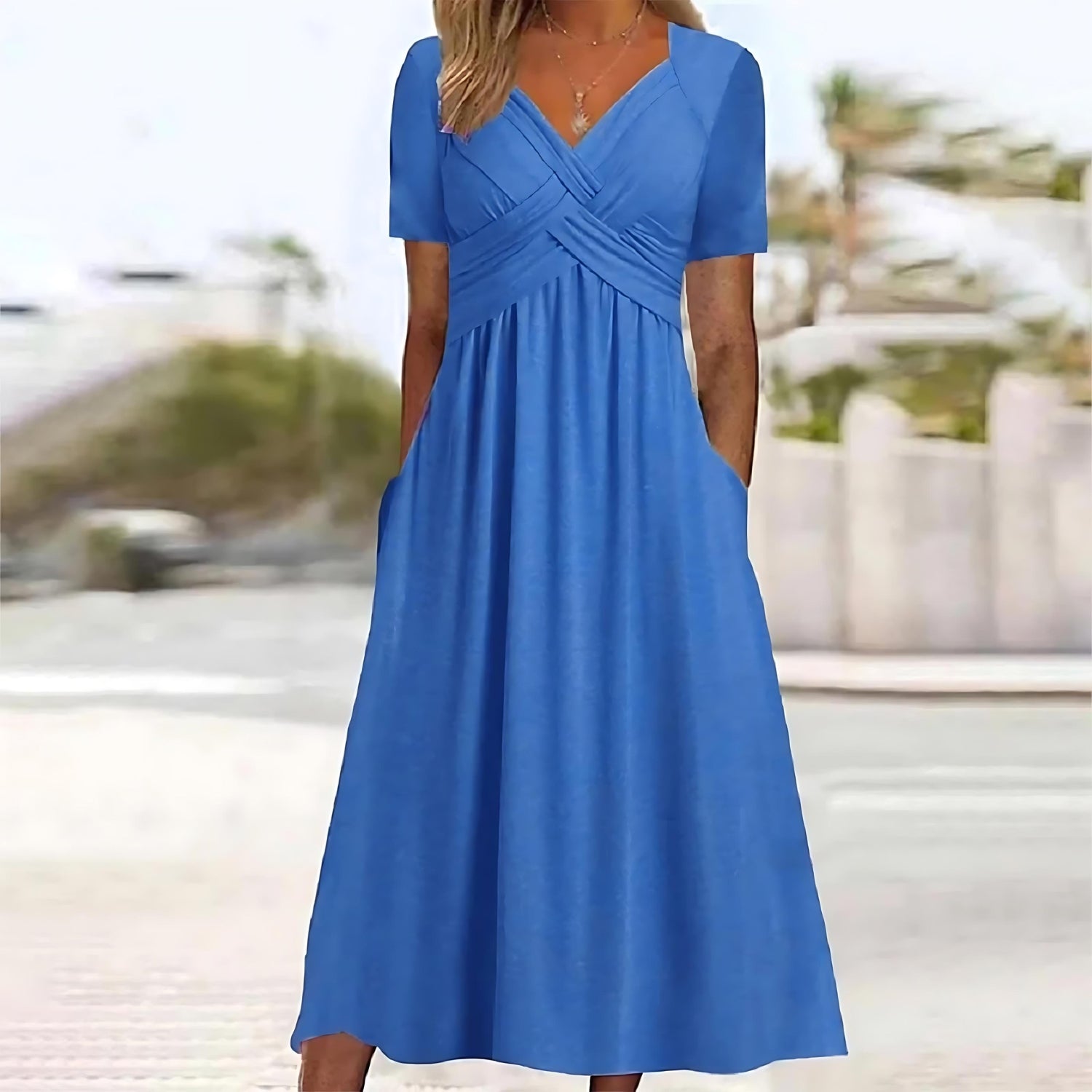 Dress - V Neck Maxi With Short Sleeves & Easy Movement