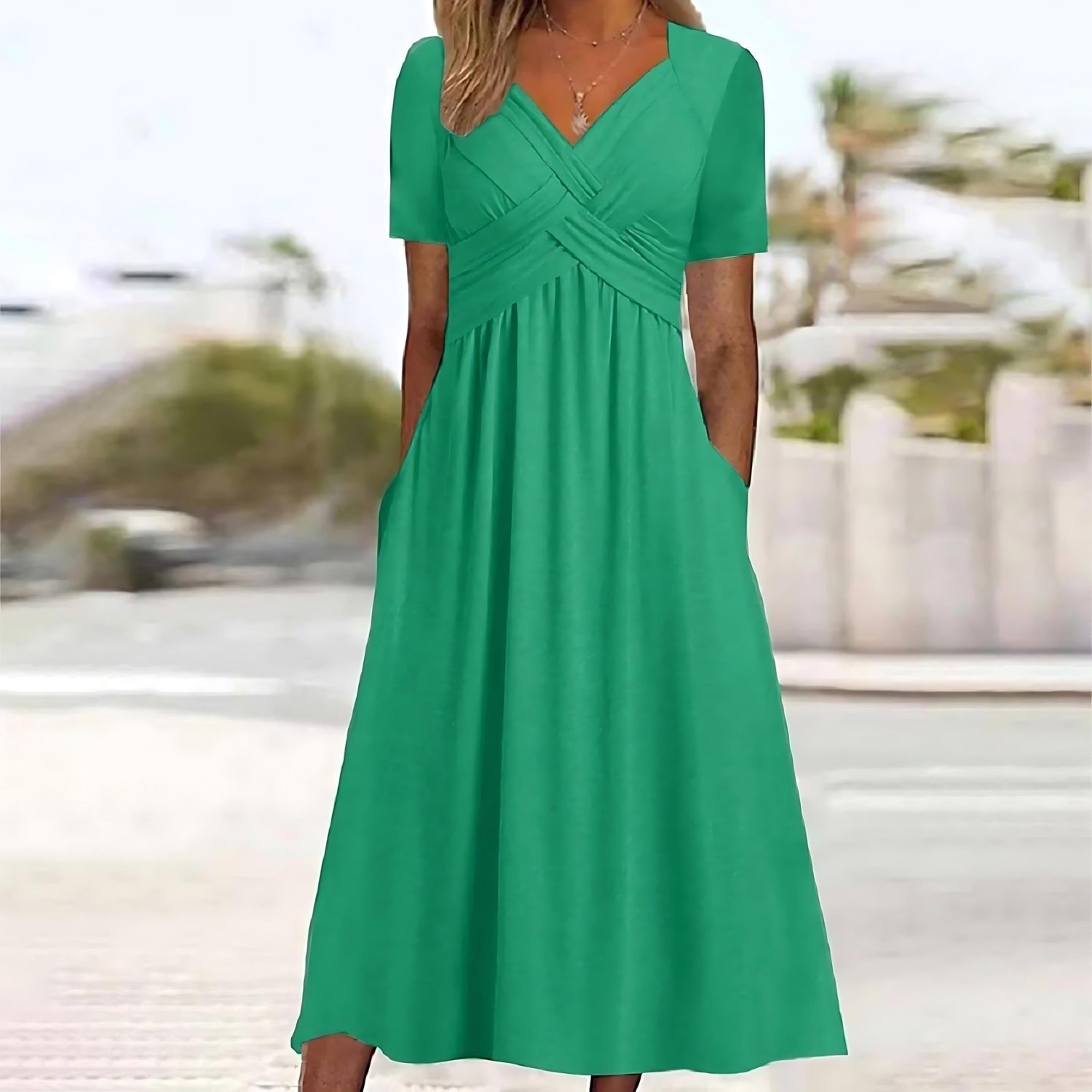 Dress - V Neck Maxi With Short Sleeves & Easy Movement