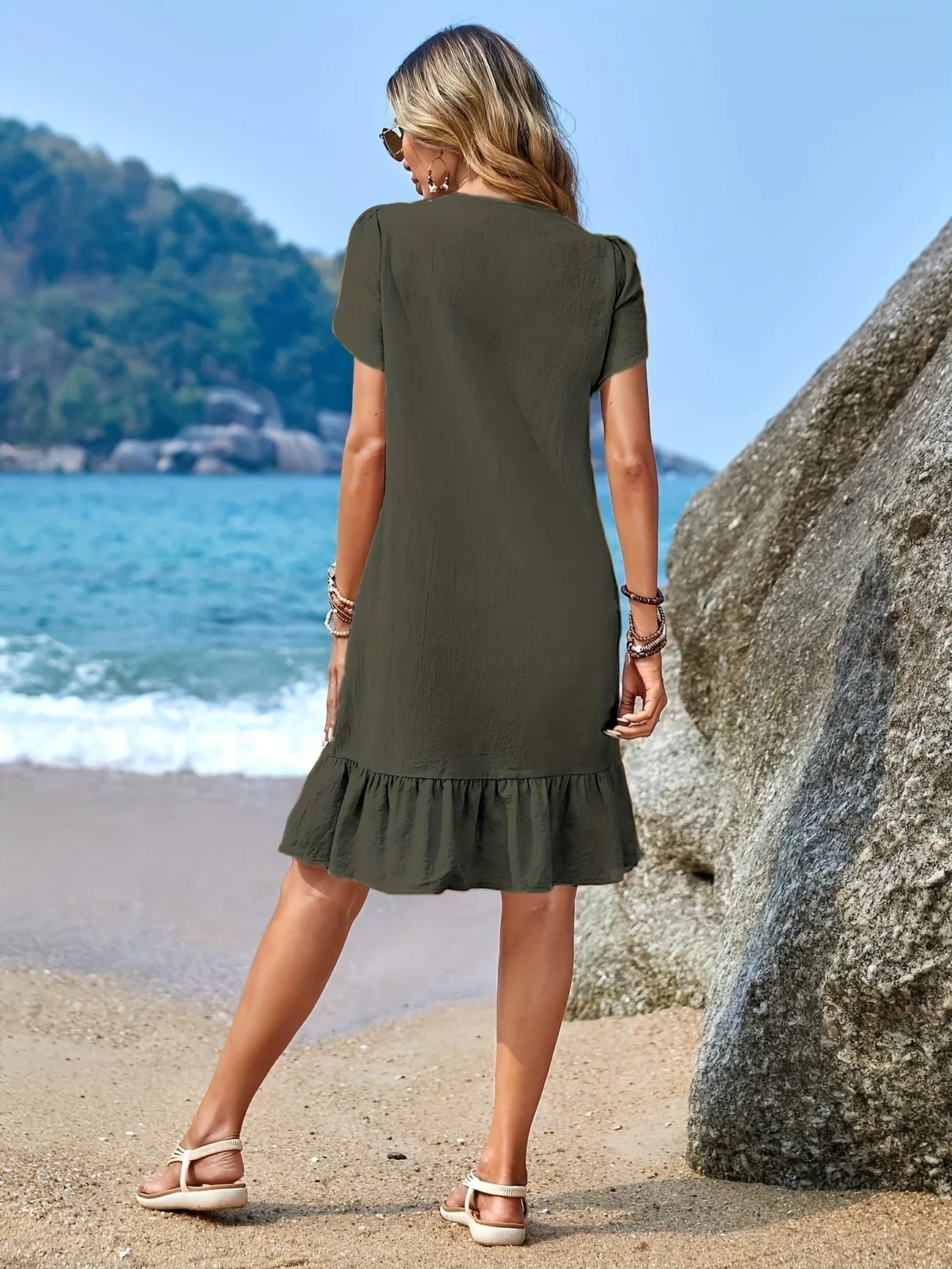Dress - V Neck With Ruffle Hem And Airy Draped Shape