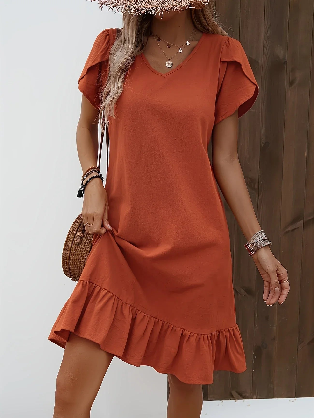 Dress - V Neck With Ruffle Hem And Airy Draped Shape