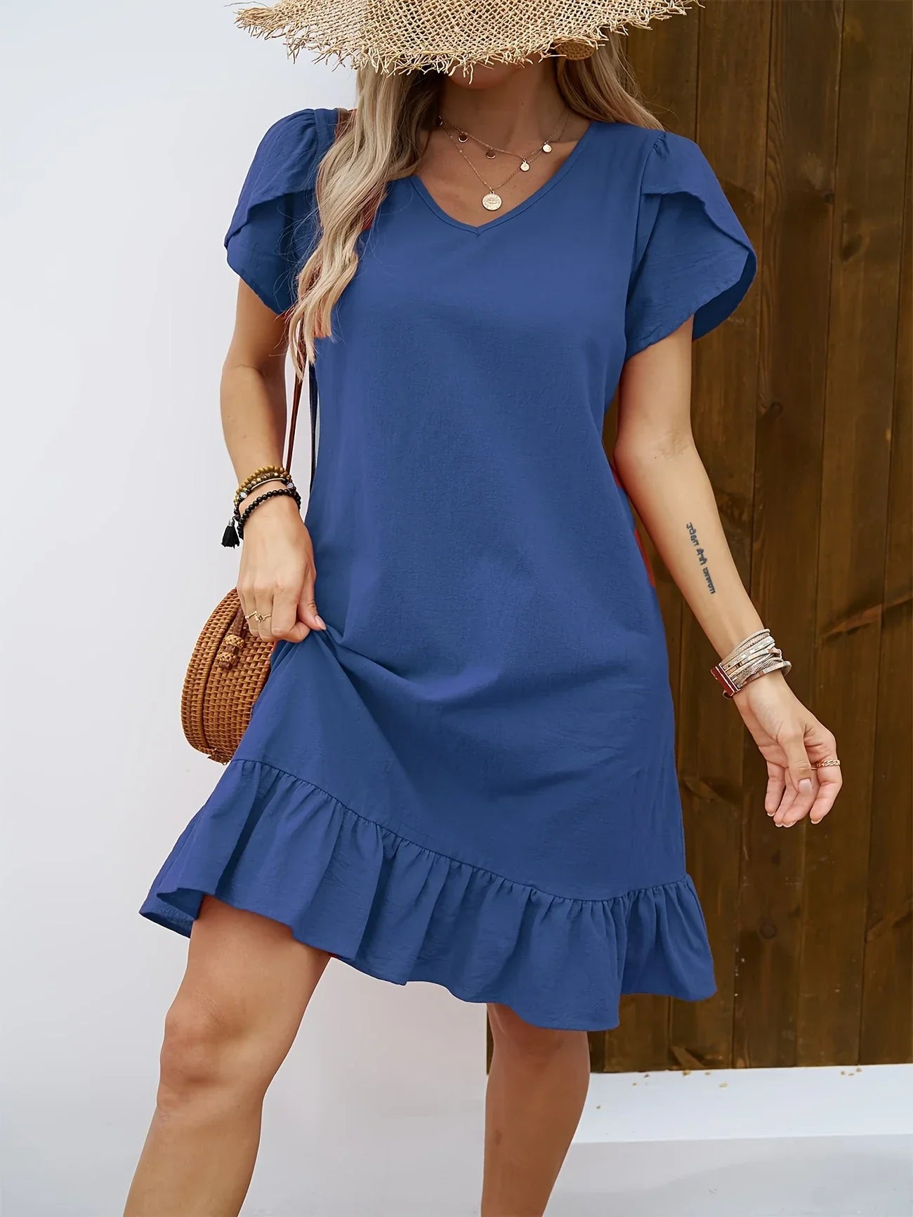 Dress - V Neck With Ruffle Hem And Airy Draped Shape