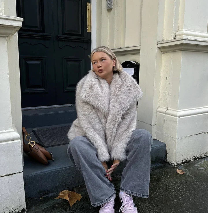 Fur Blend Coat - Fold Over Collar & Layering Warmth
