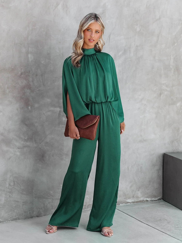 Jumpsuit – High Collar And Flowing Sleeves Elastic Waist