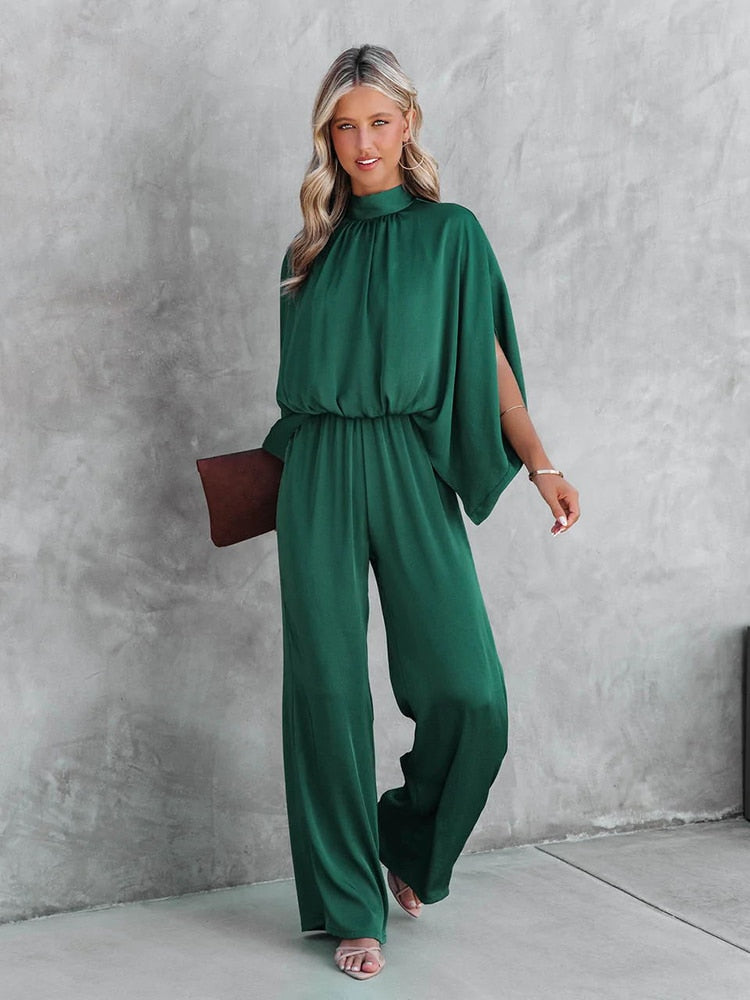 Jumpsuit – High Collar And Flowing Sleeves Elastic Waist