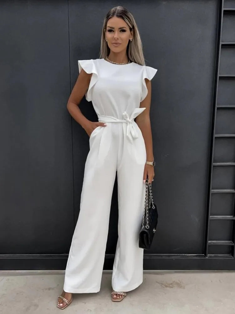 Jumpsuit Polyester Blend - Ruffle Sleeves And Shaped Waist