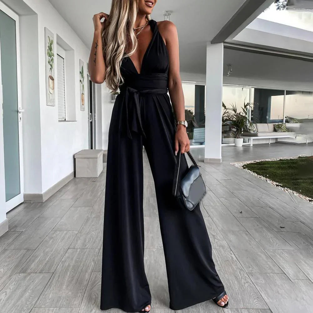 Jumpsuit - Sleeveless With Pleated Belt And Wide Legs