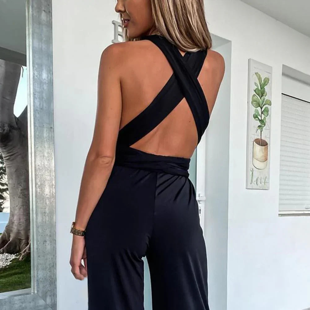Jumpsuit - Sleeveless With Pleated Belt And Wide Legs