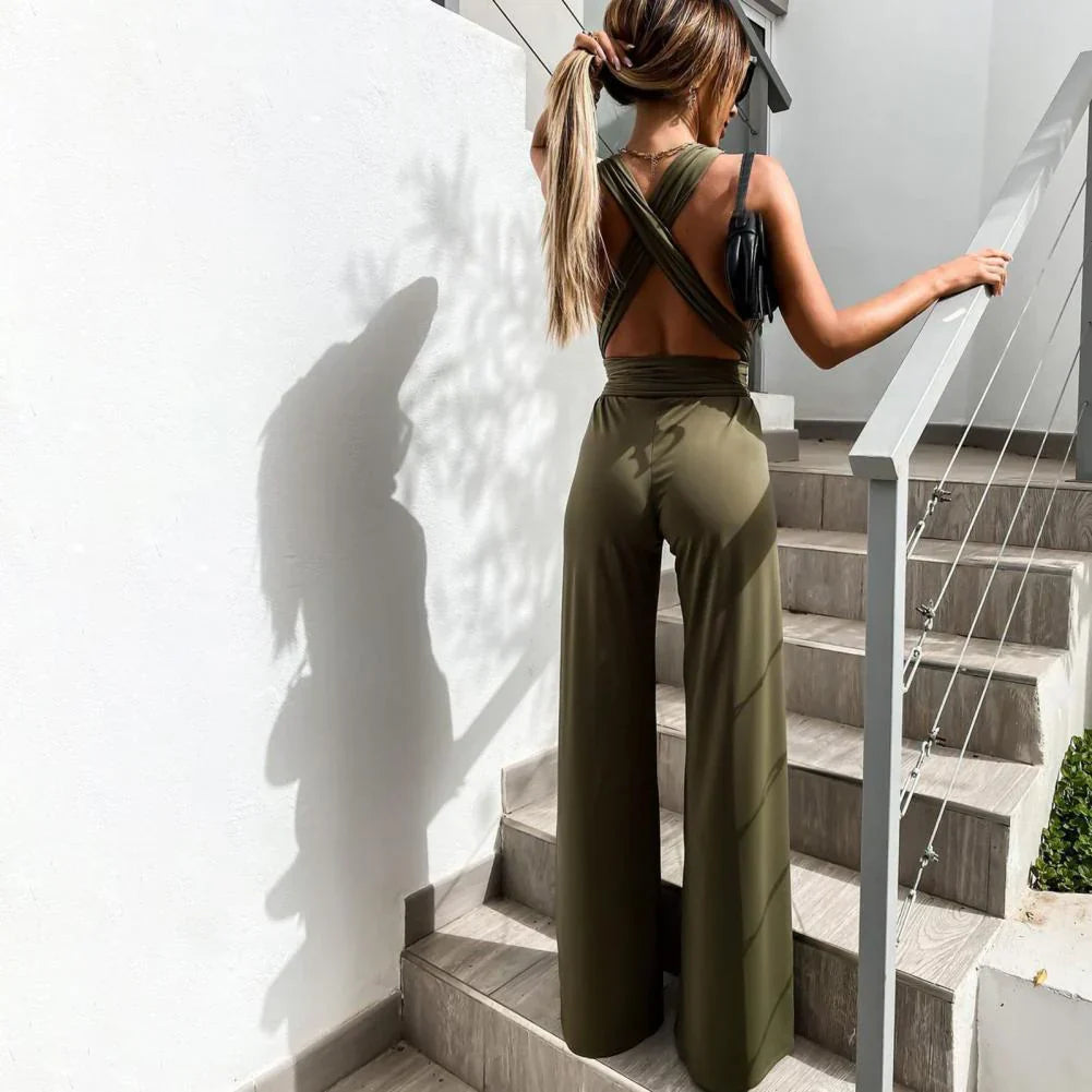 Jumpsuit - Sleeveless With Pleated Belt And Wide Legs