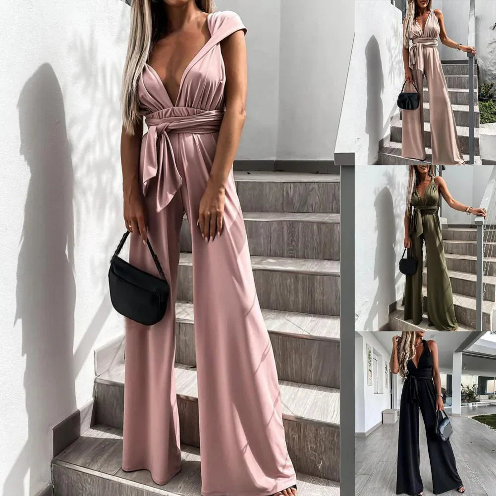 Jumpsuit - Sleeveless With Pleated Belt And Wide Legs